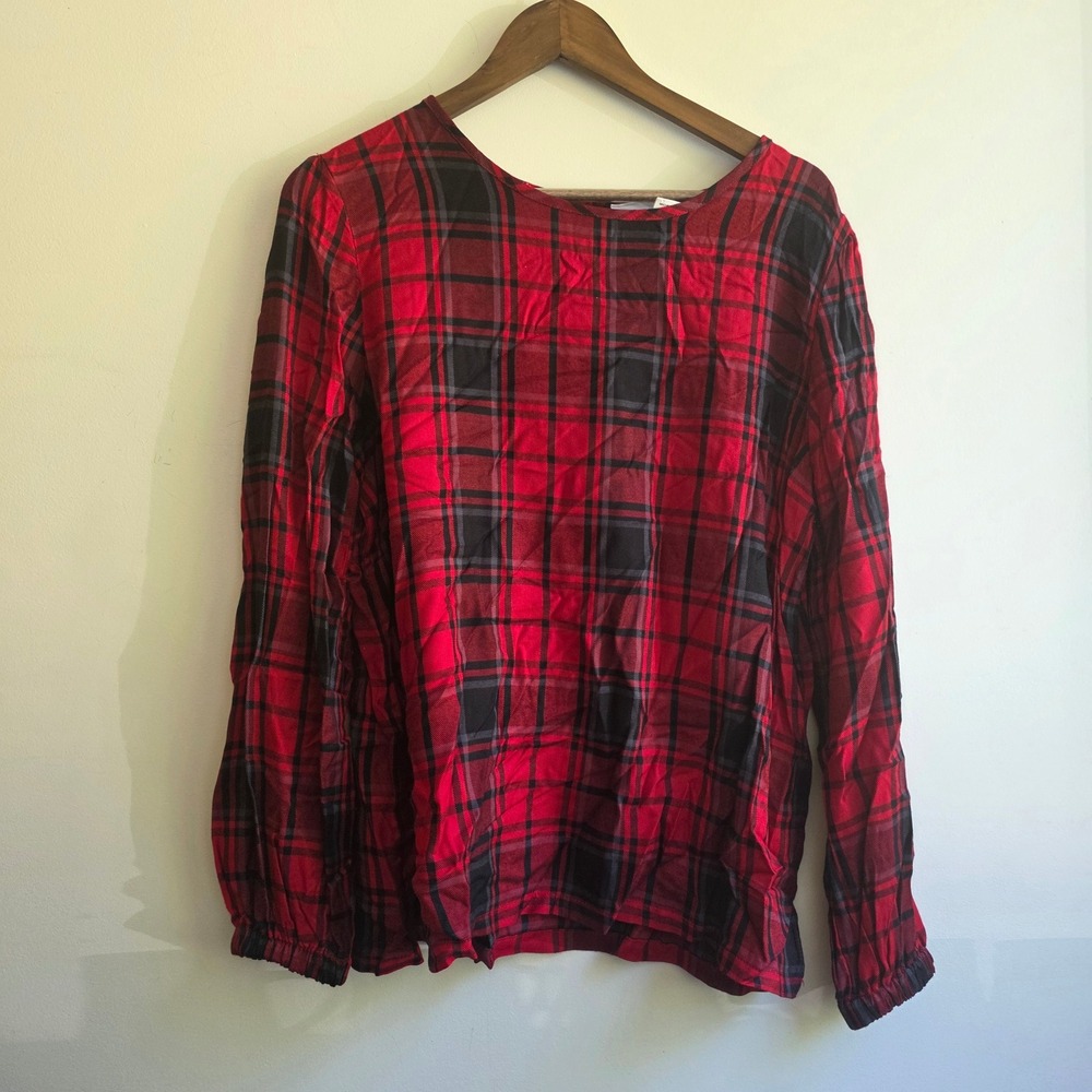 Red Black Tartan Plaid Dark Academia Blouse Keyhole Back Large Long Sleeve